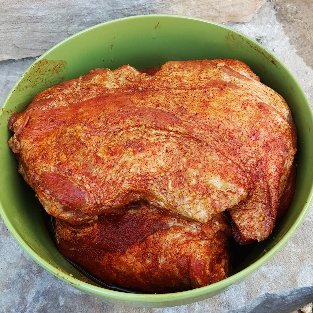 These two pork shoulders were seasoned and left in the fridge overnight. 