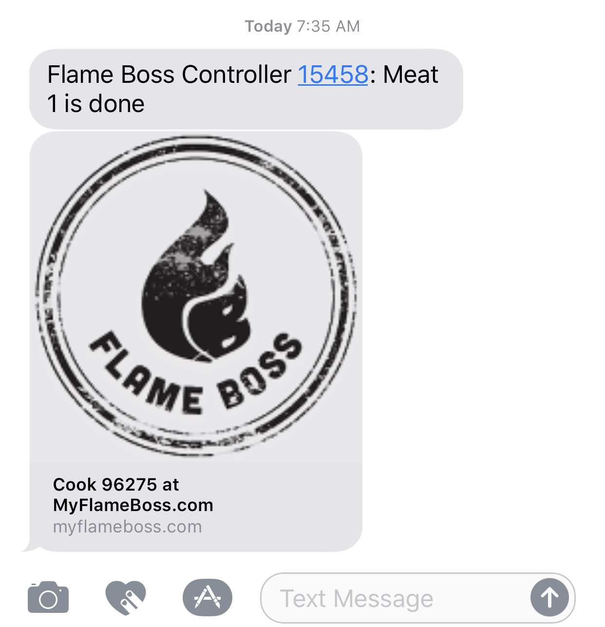 My text alert informing me the meat is done! 