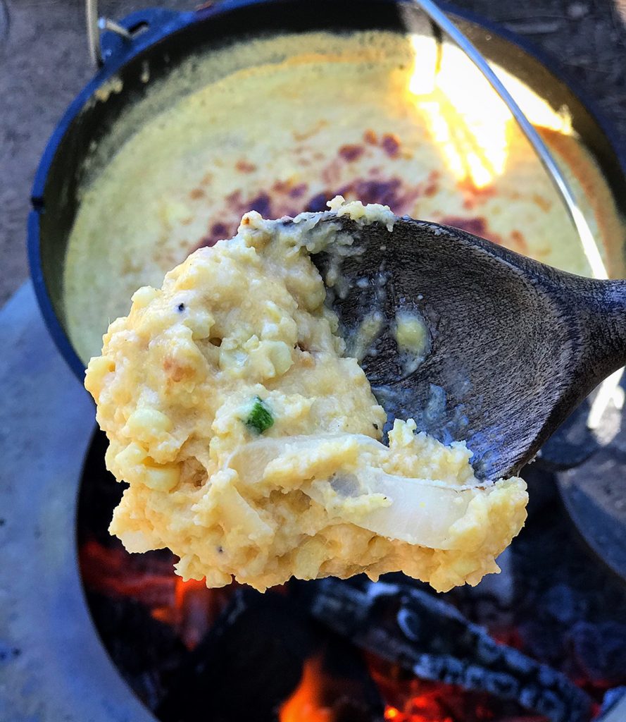 Southern corn pudding fresh out of the cast iron dutch oven!