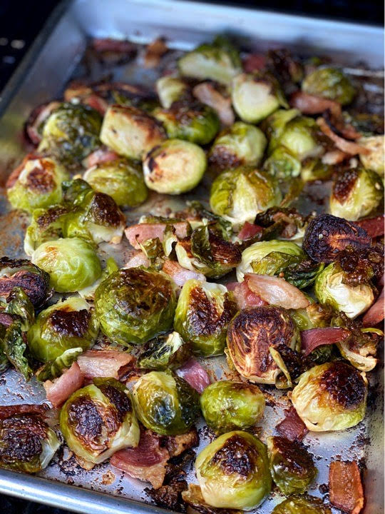 Roasted bacon & Brussels sprouts finishing up on the grill.