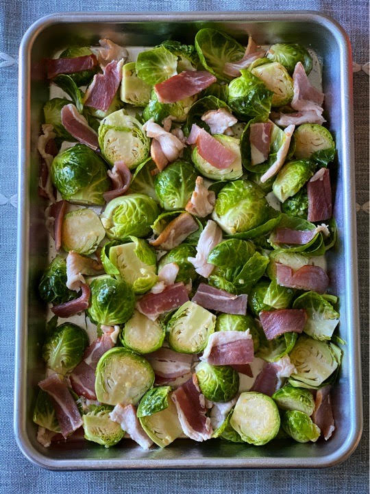 Bacon & Brussels sprouts ready to hit the grill.