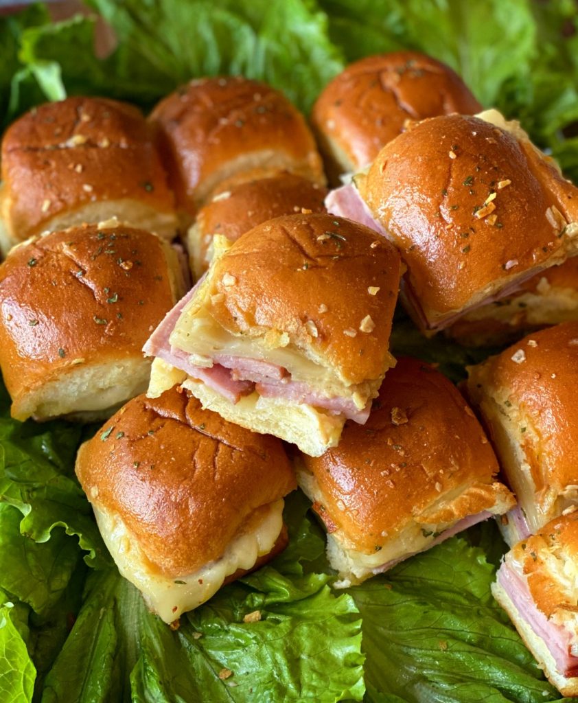 Easy ham and cheese sliders finished and presented.