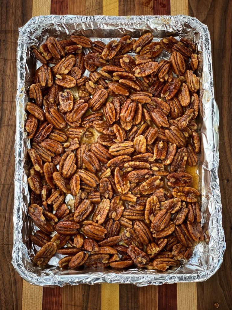 Candied pecans prepped and ready for some hickory smoke.
