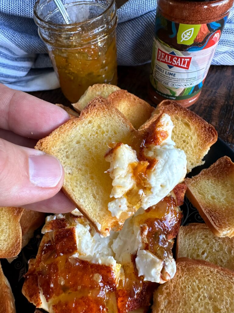 The smoked dip served up on some crostini. 