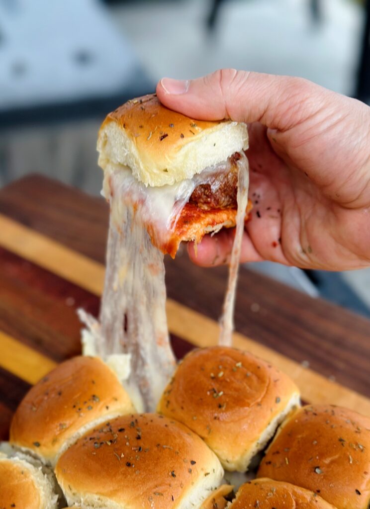 Meatball sub sliders with the cheese pull!