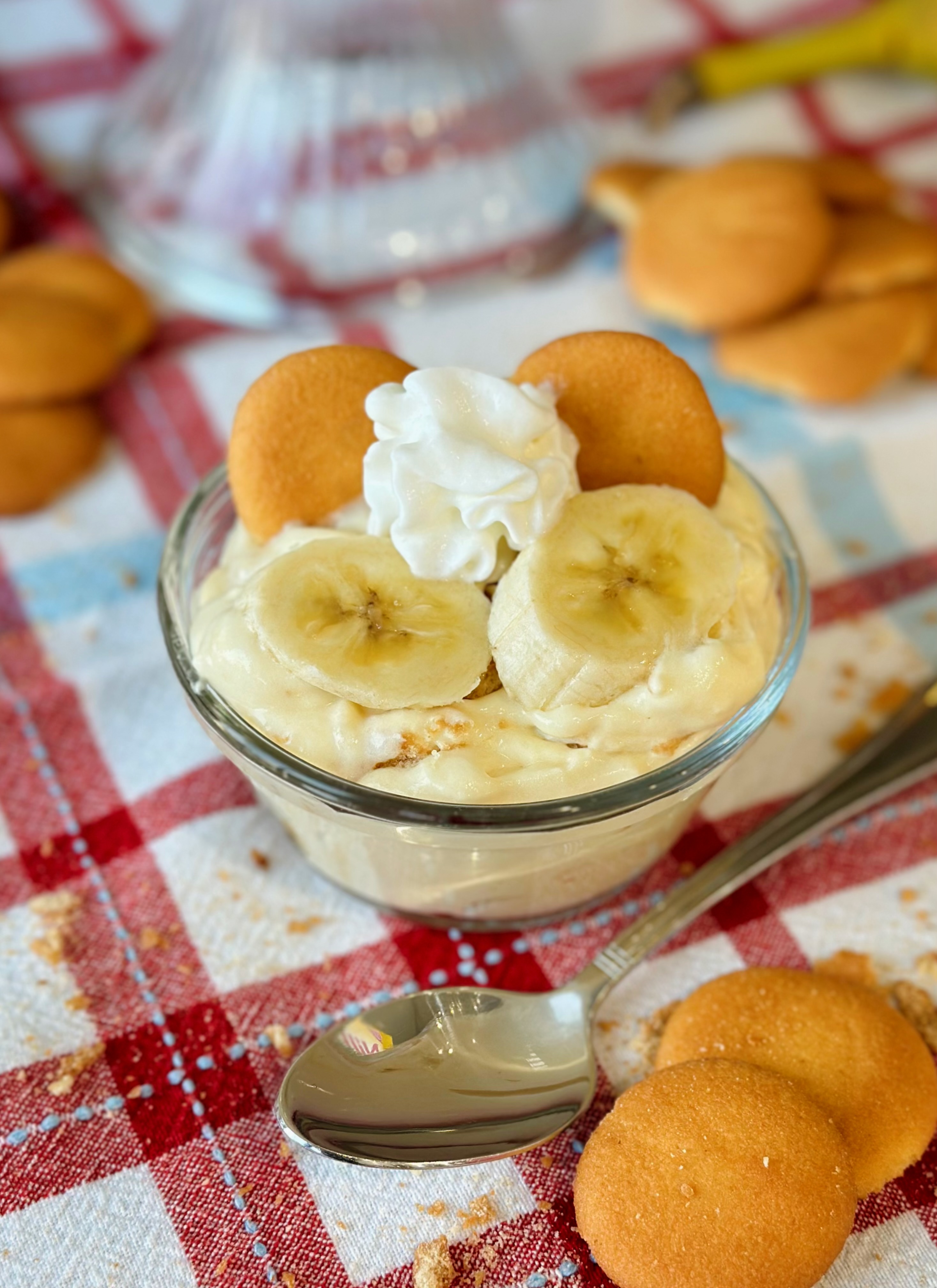 Banana pudding served up in a single serve bowl. 