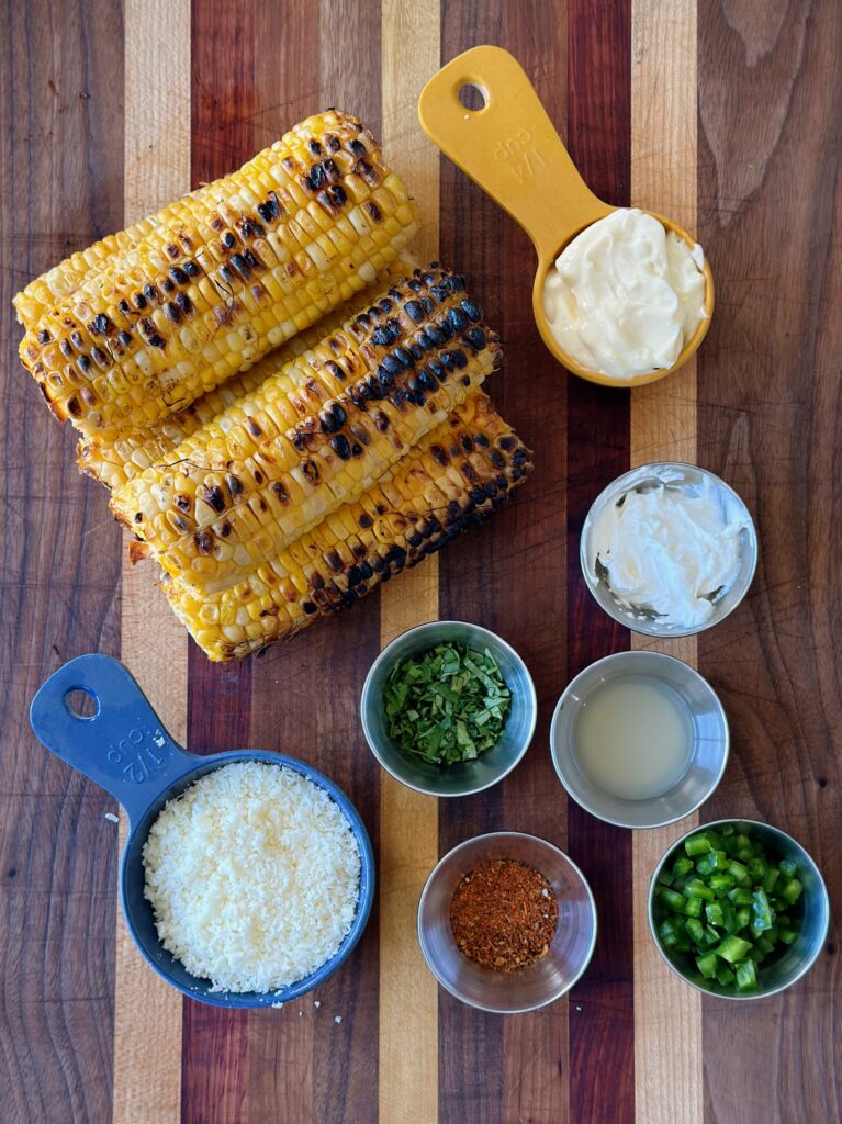 Ingredients for Elote dip, which is part of the tri tip tacos recipe. 